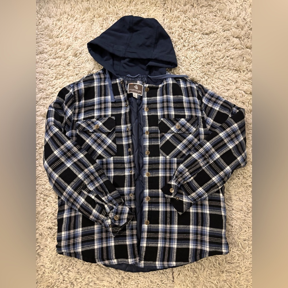 Men’s Legendary Outfitters Blue Plaid Flannel Insulated Hooded Jacket Size S